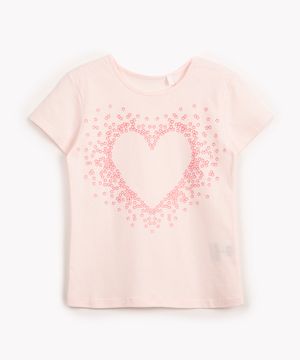 blusa de algodão infantil coração com brilho rosa