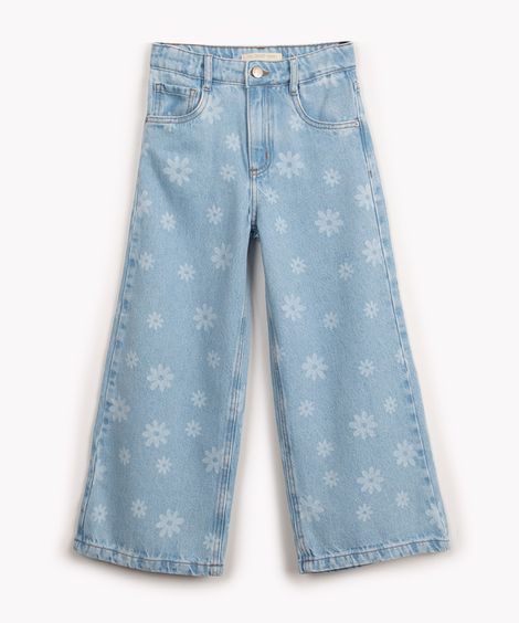 calça jeans infantil wide leg floral azul claro