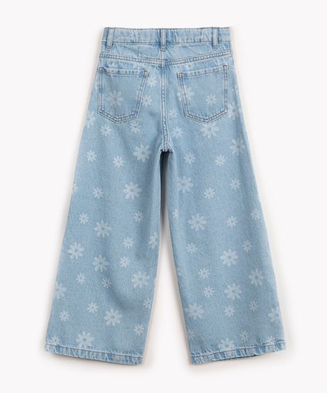 calça jeans infantil wide leg floral azul claro
