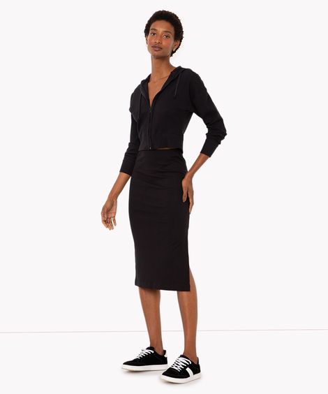saia midi canelada com fenda preto