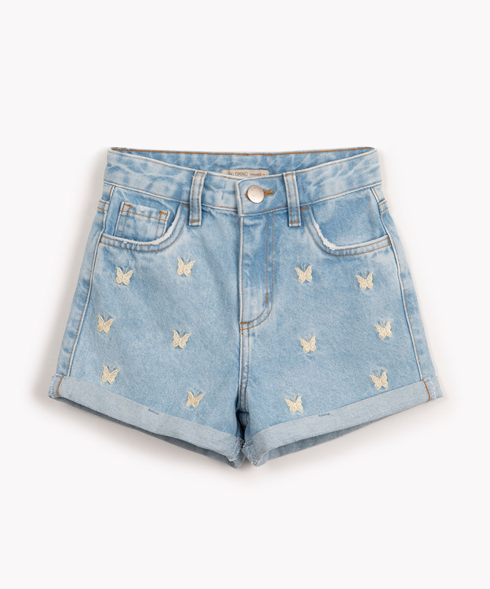 short jeans infantil borboletas com bordado azul claro