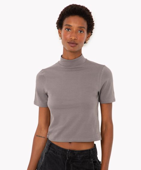 blusa básica manga curta gola alta cinza