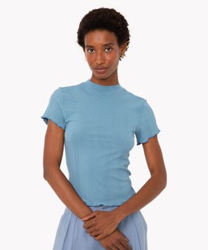 blusa de viscose básica canelada manga curta fru fru azul