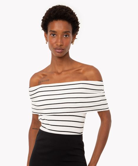 blusa de algodão listrada ombro a ombro  off white
