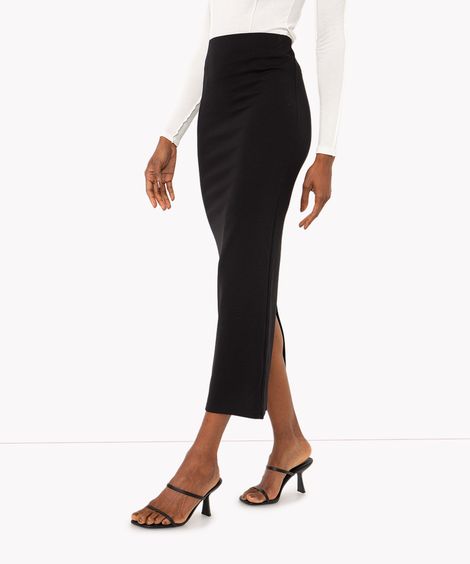 saia midi de viscose cintura alta com fenda preta