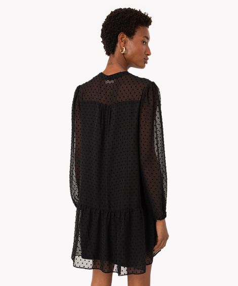 vestido curto texturizado com recorte manga longa preto