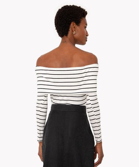 blusa de algodão listrada ombro a ombro manga longa off white