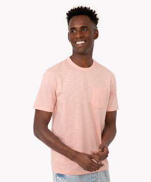 camiseta de algodão básica com bolso manga curta rosa claro