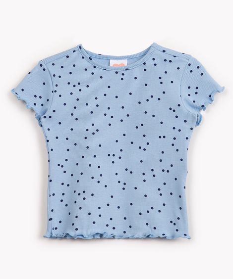 blusa de algodão infantil poá com fru fru manga curta azul
