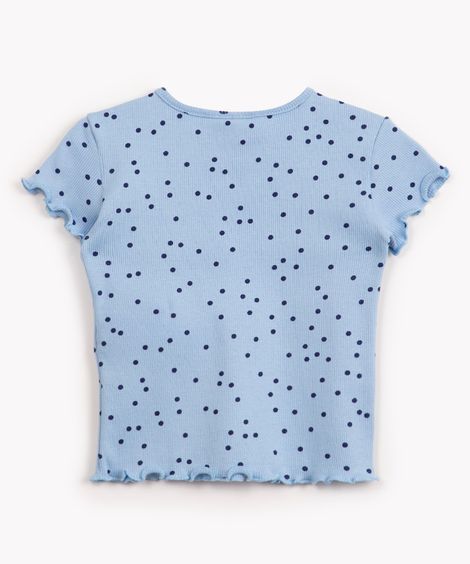 blusa de algodão infantil poá com fru fru manga curta azul
