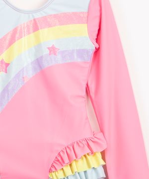 maio infantil arco íris com babados manga longa proteção uv colorido