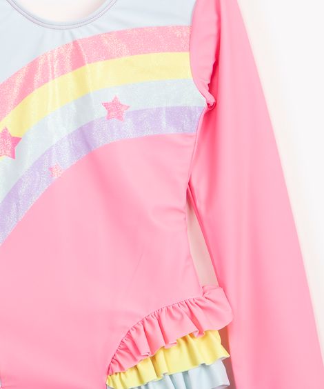 maio infantil arco íris com babados manga longa proteção uv colorido