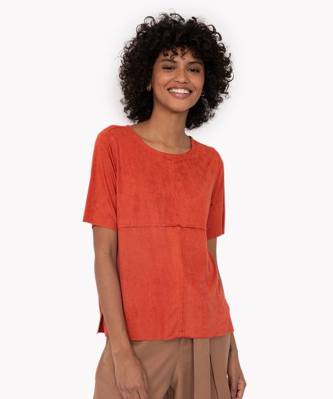 blusa de suede recortes manga curta  terracota