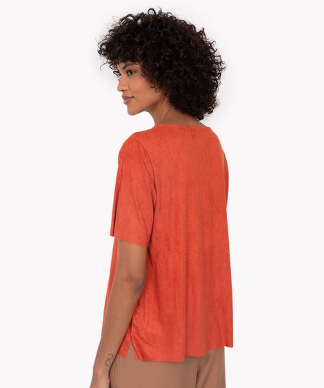 blusa de suede recortes manga curta  terracota