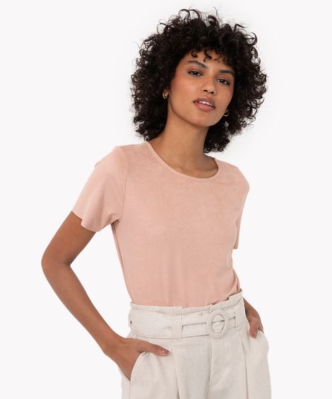 cropped de suede manga curta nude - nude