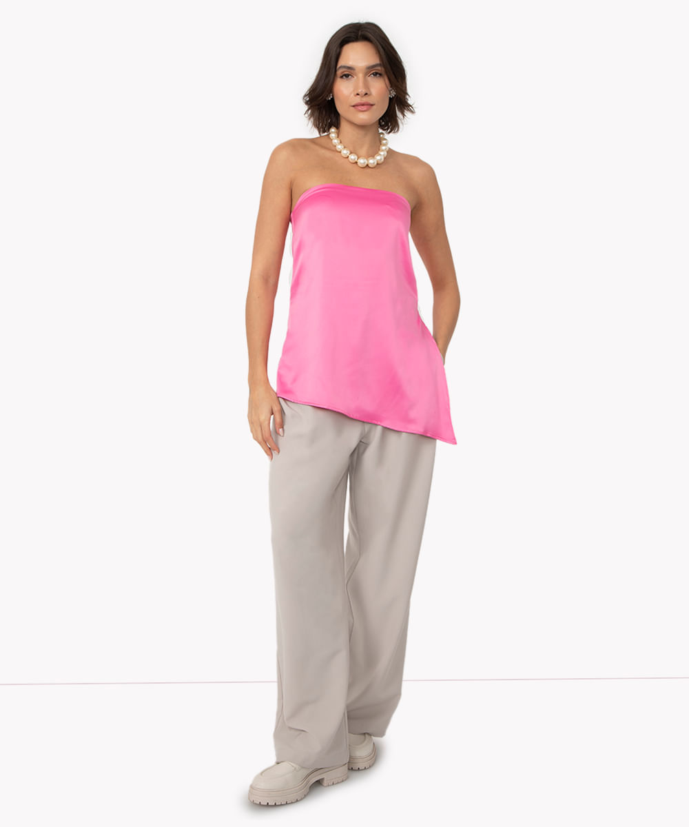 blusa assimétrica acetinada sem alça mindset rosa