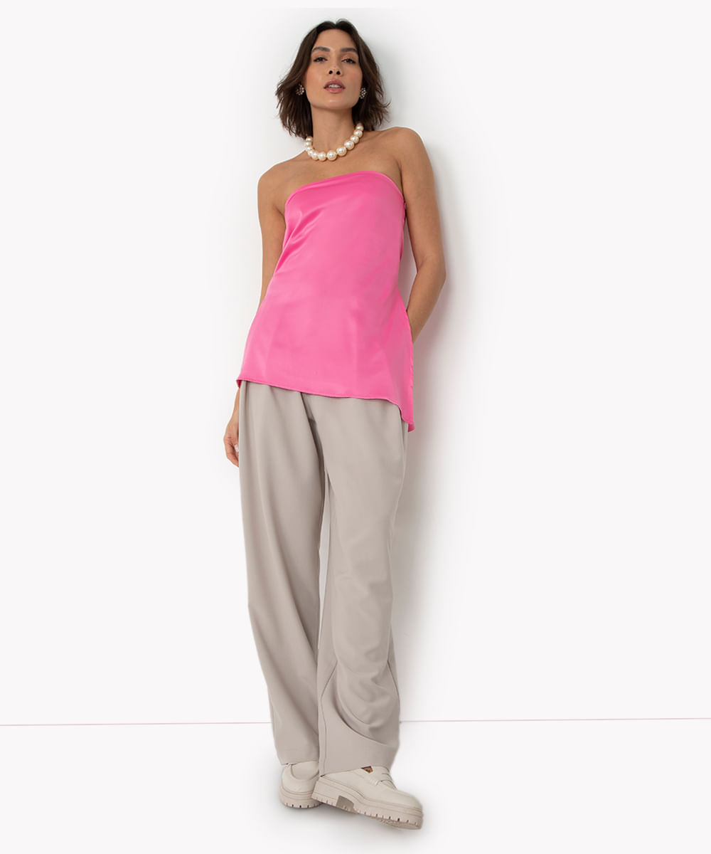 blusa assimétrica acetinada sem alça mindset rosa