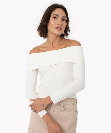 blusa de viscose ombro a ombro manga longa off white
