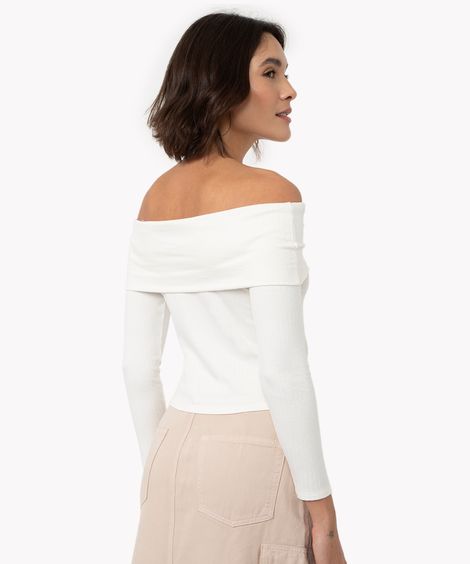 blusa de viscose ombro a ombro manga longa off white