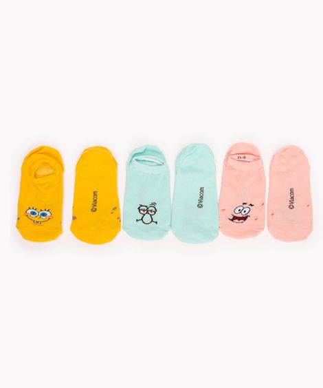 kit de 3 pares de meias invisíveis bob esponja colorido