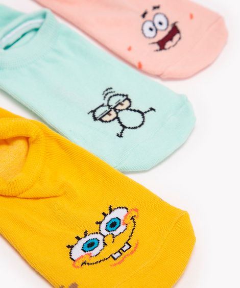 kit de 3 pares de meias invisíveis bob esponja colorido