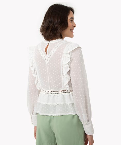 blusa texturizada poá babado manga longa bufante off white