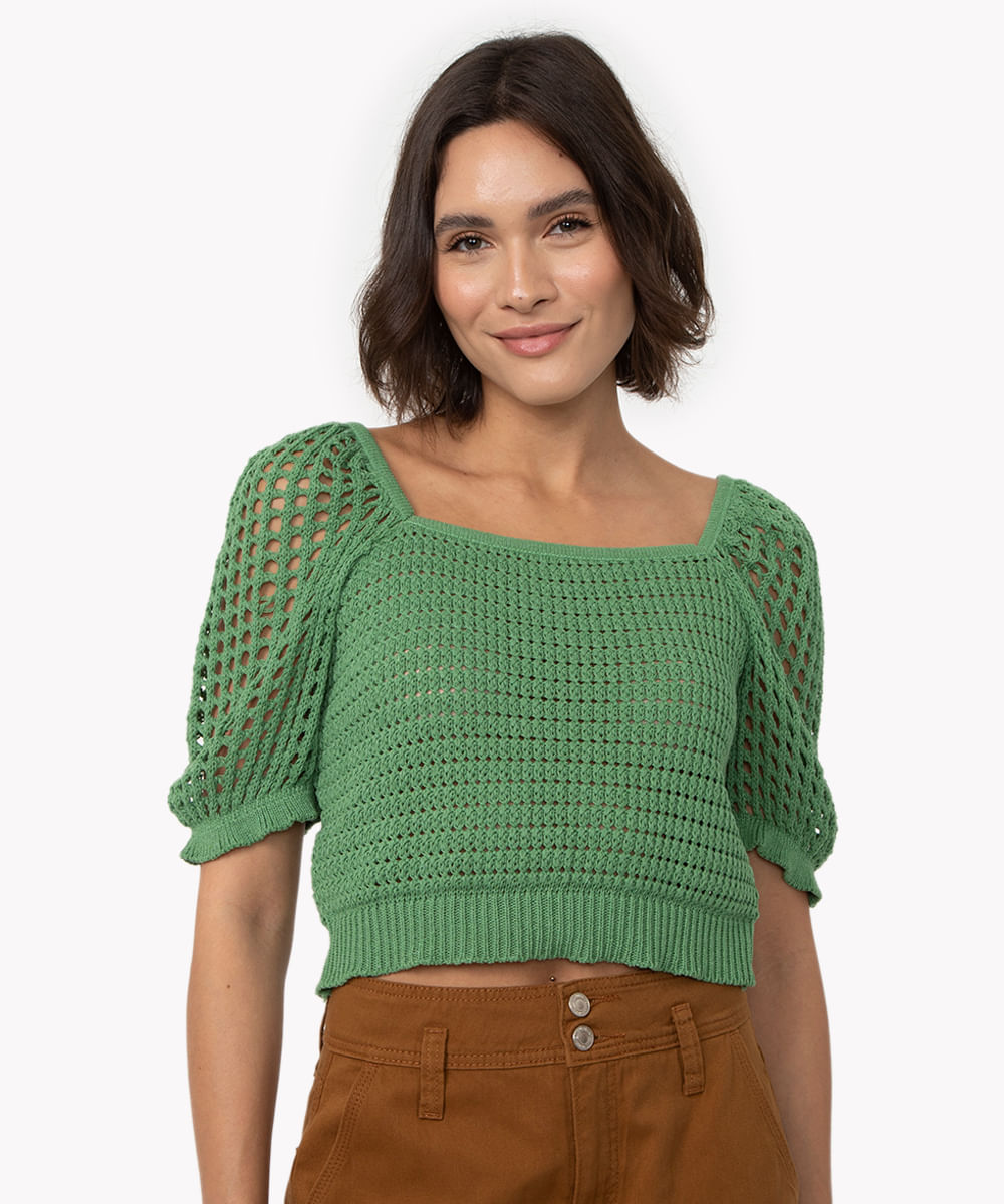 <em>Cropped</em> verde de tricô, da C&A