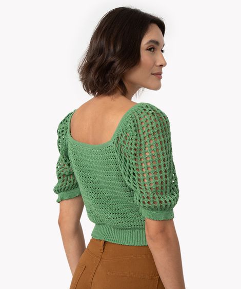 cropped de tricot manga bufante verde