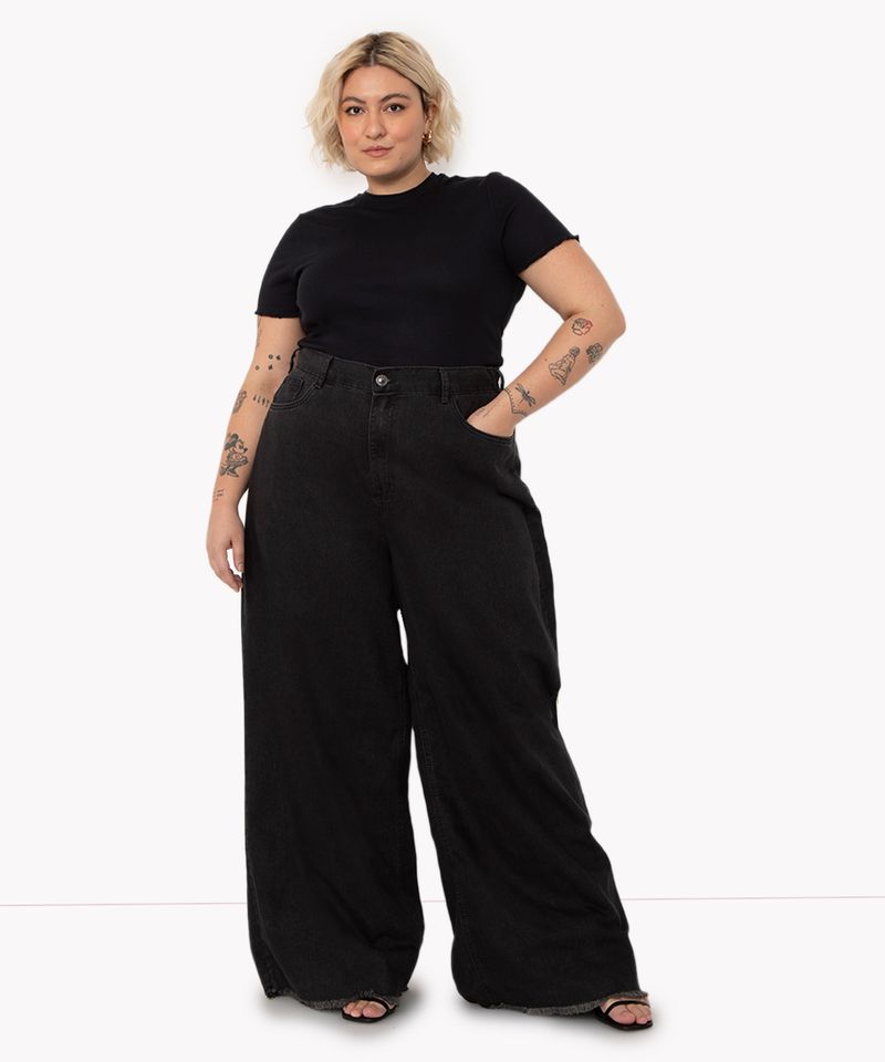 calça jeans wide plus size cintura super alta preta preto - C&A