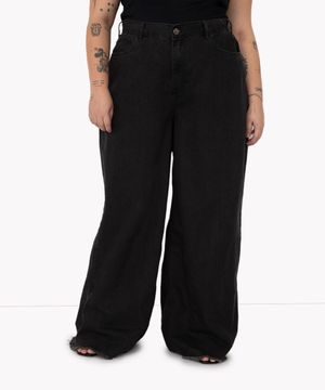 calça jeans wide plus size cintura super alta  preta preto