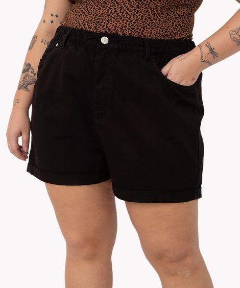 short de sarja plus size mom cintura super alta preto preto