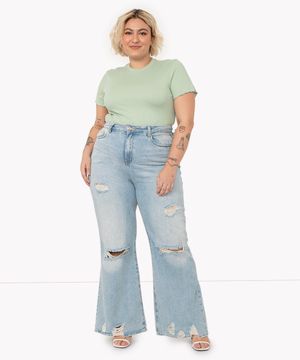 calça jeans flare plus size com elástico preto - C&A