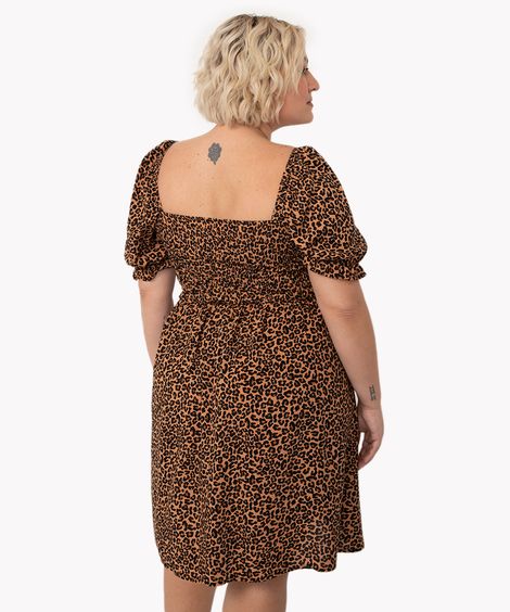 vestido plus size de viscose curto manga bufante animal print multicor