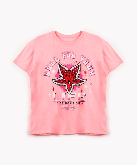 blusa de algodão juvenil manga curta stranger things rosa claro