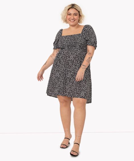 vestido plus size de viscose curto manga bufante poá preto