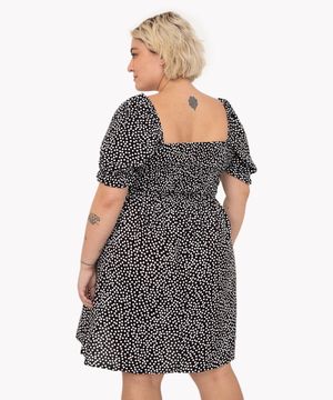 vestido plus size de viscose curto manga bufante poá branco