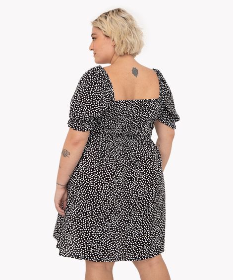 vestido plus size de viscose curto manga bufante poá preto