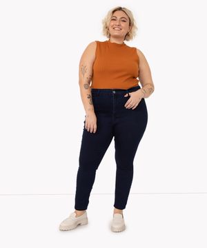 short plus size clochard jeans cintura super alta com faixa azul escuro -  C&A