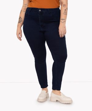 calça skinny jeans plus size cintura alta azul escuro
