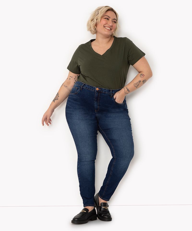 calça super skinny jeans plus size cintura alta azul médio