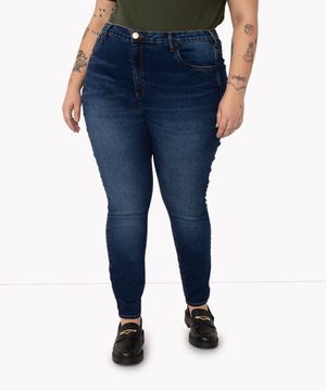 calça super skinny jeans plus size cintura alta azul médio