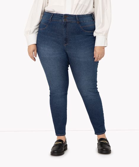 calça jeans plus size pull up cintura super alta azul médio
