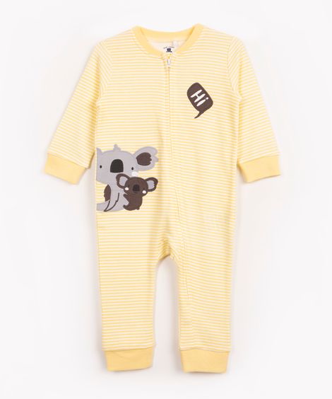 macacão infantil manga longa listrado coala amarelo