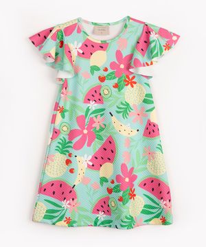vestido infantil evasê manga godê frutas colorido
