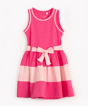 vestido infantil evasê com cinto laço rosa