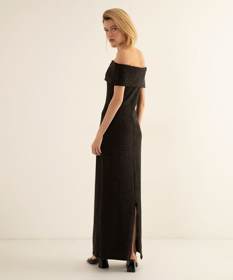 vestido longo de tricot decote ombro a ombro mindset preto