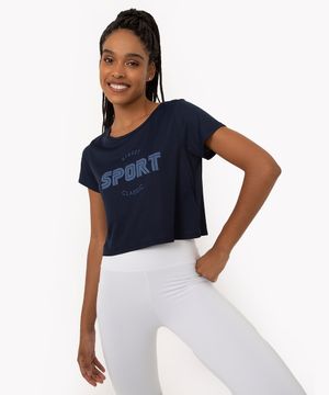 blusa cropped sport manga curta azul marinho