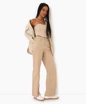 calça jeans wide leg slim cintura super alta areia