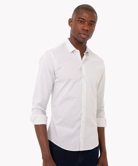 camisa slim fit xadrez manga longa branco
