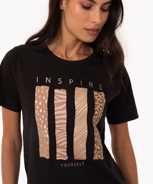 camiseta de algodão inspire com glitter manga curta preto